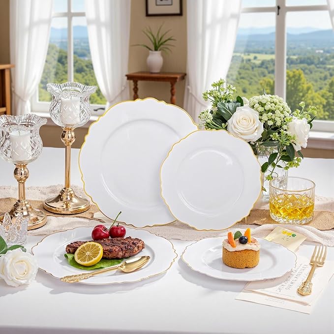 WDF 100pcs Gold Plastic Plates - High-end Baroque Design - Heavy Duty White &Gold Wedding Plates Set Ideal for Weddings/Party/Bridal Shower/Valentine's Day