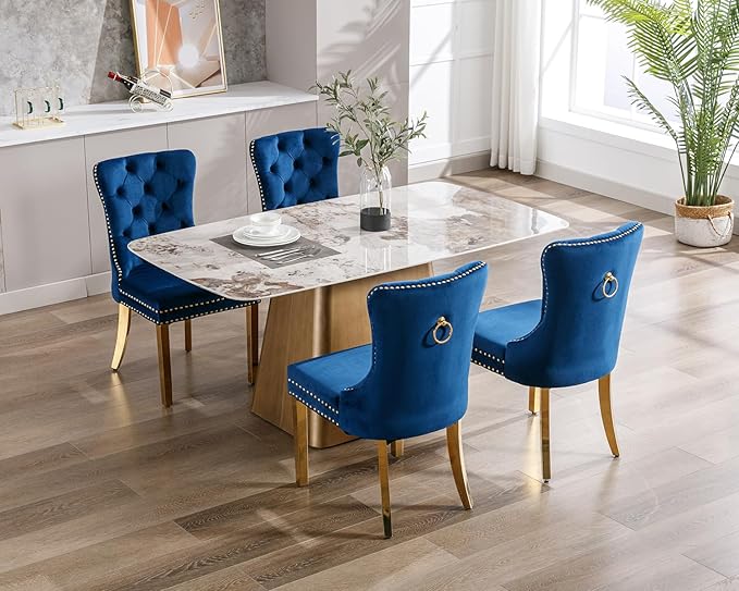 KCC Velvet Dining Chairs Set of 4, Upholstered High-end Tufted Dining Chair with Nailhead Back Ring Pull Trim Stainless Steel Legs, Contemporary Nikki Collection Modern Style for Kitchen, Blue