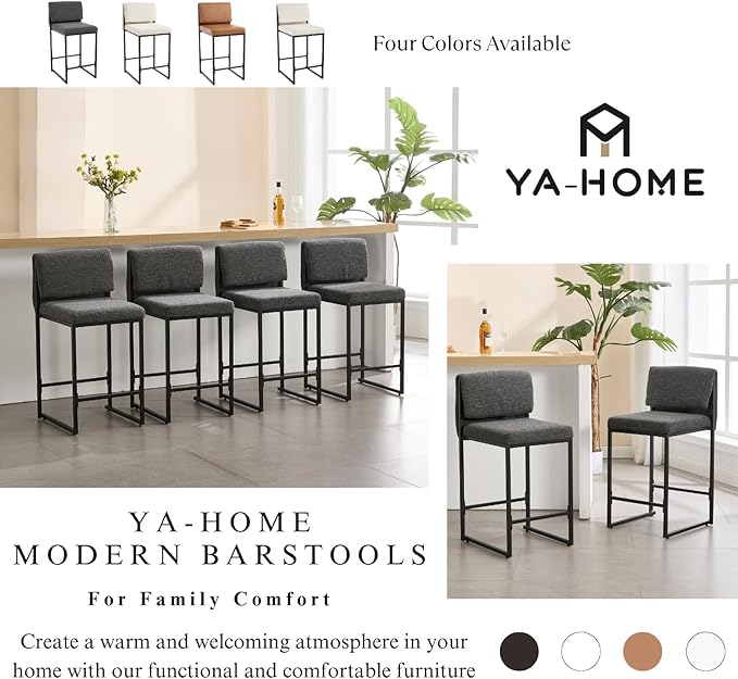 Modern Barstools Set of 2, 26” Upholstered Counter Height Bar Stools Sherpa Fabric Counter Stools with Padded Back Metal Frame for Kitchen Island Dining Room, Black