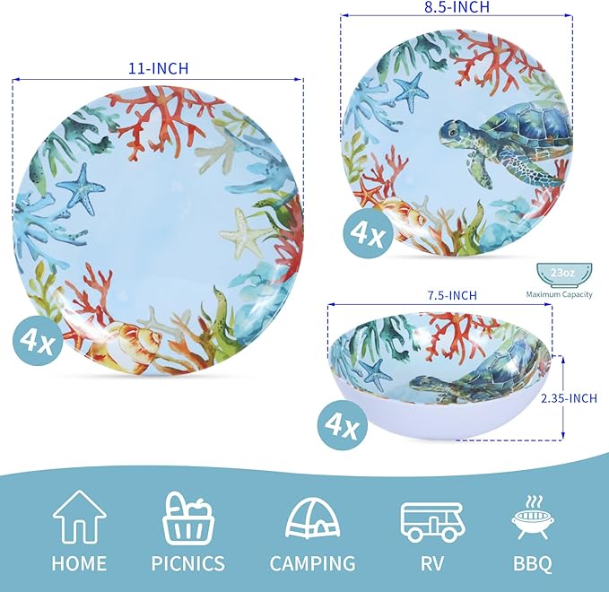 12-Piece Melamine Turtle Dinnerware Set, Ocean Plates and Bowls Sets, Indoor Outdoor Dish Sets for 4, Unbreakable Lightweight Tableware Set - Turtle