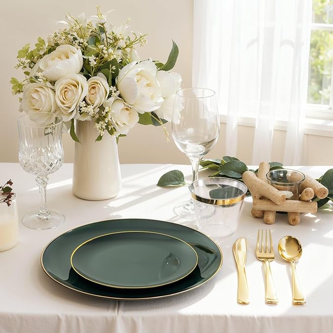 WDF 300Pcs Green Plates Disposable - Heavy Duty Green Plates - 50Guest Green Plastic Dinnerware Include 50 Dinner Plate, 50 Dessert Plate, 150 Cutlery & 50 9oz Cups for Parties St. Patrick’s Day