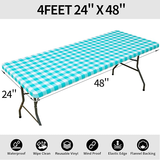 Smiry Rectangle Picnic Table Cloth, Elastic Waterproof Fitted Vinyl Tablecloths, Flannel Backed Buffalo Plaid Table Covers for Dining, Camping, Outdoor (White and Teal, 24" x 48")