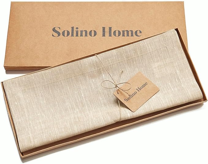 Solino Home Linen Table Runner 90 Inches Long - Athena, 100% Pure Linen Champagne Beige 14 x 90 Inch Table Runner for Dining, Spring, Easter