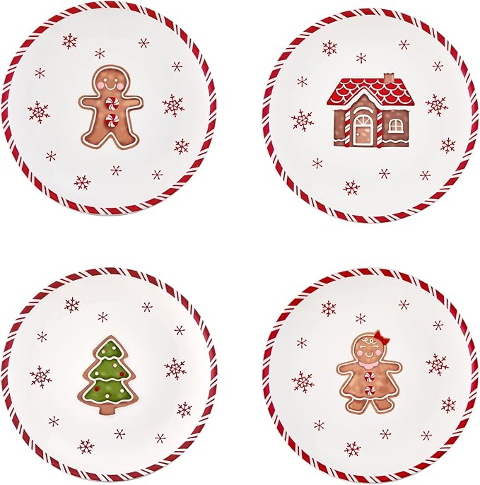 Bico Traditional Christmas Gingerbread Man Salad Plates Set of 4, 8.75 Inch Ceramic Dessert Plates for Salad, Appetizer, Side Dishes, Microwave and Dishwasher Safe, Gift for Housewarming and Christmas