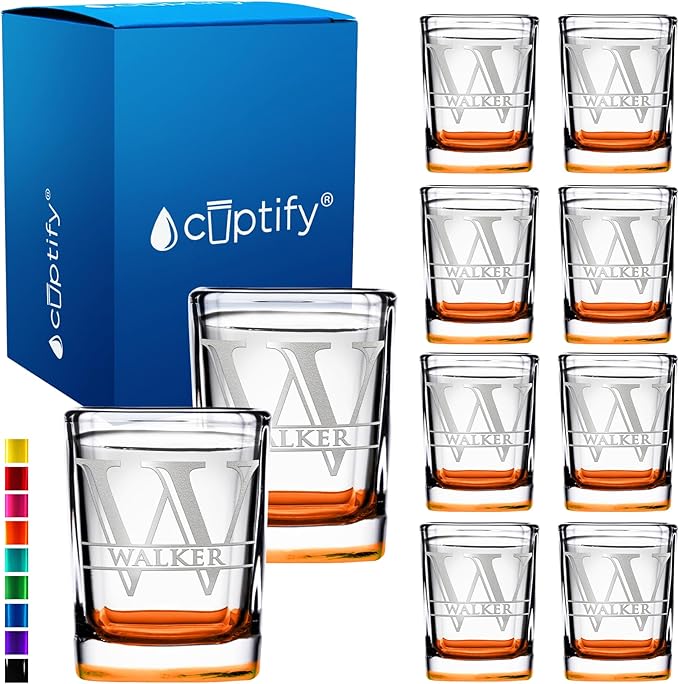 Personalized Square Shot Glasses Set of 10 Orange Bottom 2oz Engraved Initial and Name Custom Gifts, Weddings, Birthdays, Party, Event, Decorations