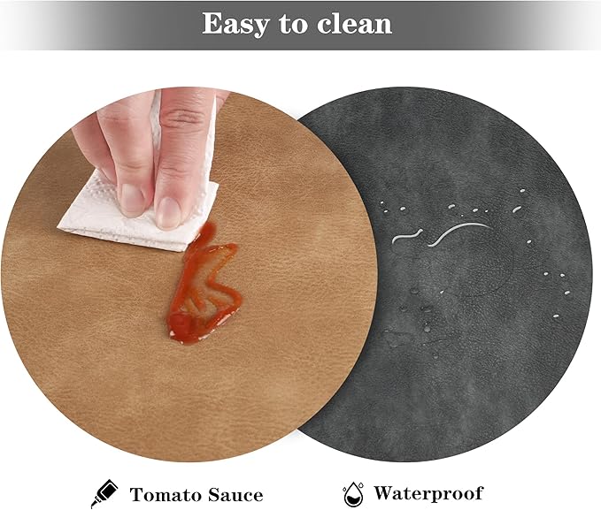 Round Placemats and Coasters Set of 6, Washable Reversible Faux Leather Placemats Cowhide Pattern Place Mats Wipeable Non-Slip 15 inch Round Kitchen Dining Table Mats (Gray Tan, 6)
