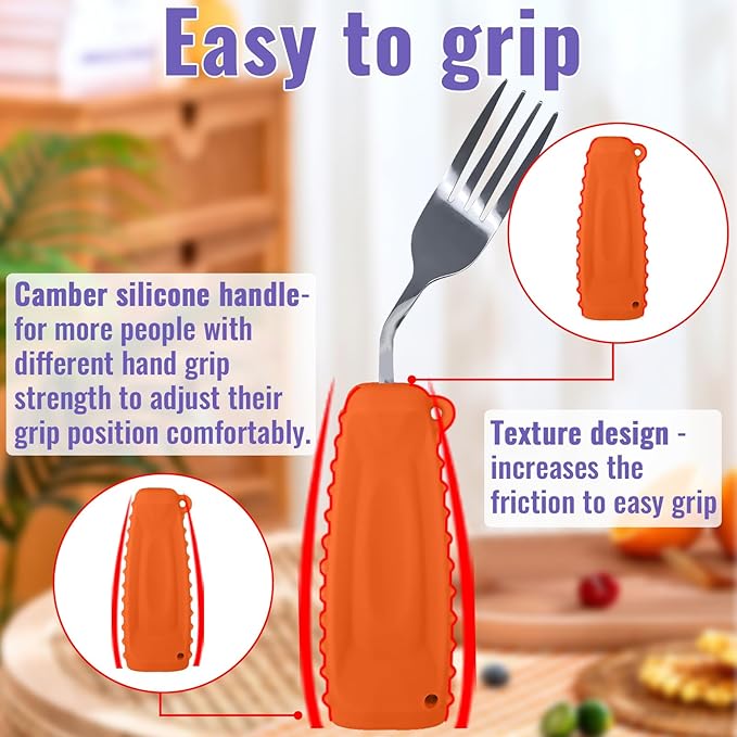 Adaptive Weighted Silverware Utensils Angled Fork for Hand Tremors Parkinsons,Weighted Utensils with Non-Slip Easy Grip Handles for Independent Eating(Left Hand,Orange,Pack of 1)