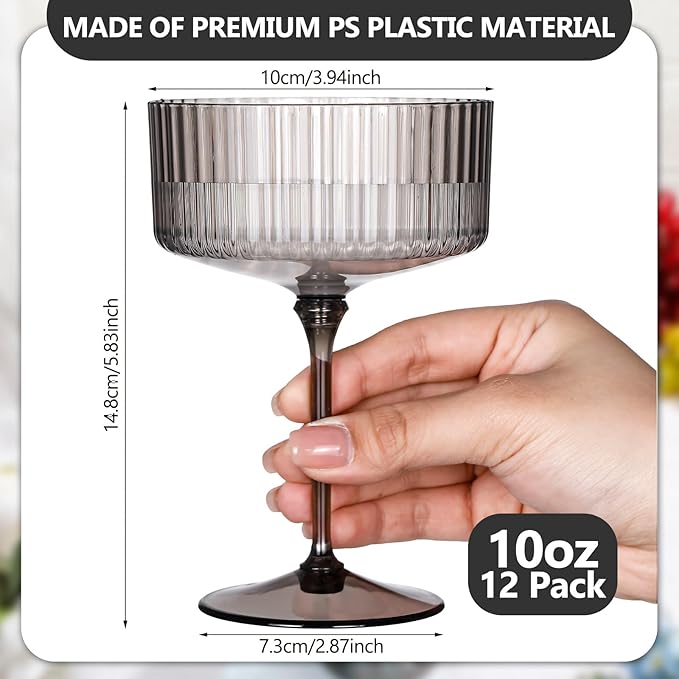 12 Pcs Ribbed Martini Glasses 10 oz Disposable Plastic Vintage Ribbed Coupe Glasses Unbreakable Dessert Parfait Glassware for Wedding Birthday Party Supplies (Black)