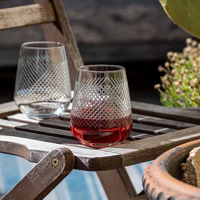 Rolf Glass Bourbon Street 15.75 Ounce Stemless Wine Glasses Set of 4 | Lead-Free Glass | Diamond-Wheel Engraved and Polished Tumbler Glassware | Modern Luxury Glassware