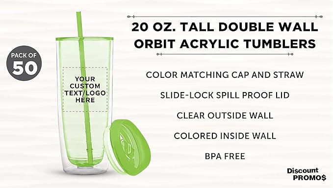 Custom Tall Orbit Acrylic Tumblers 20 oz. Set of 50, Personalized Bulk Pack - Perfect for Iced Coffee, Soda, Other Hot & Cold Beverages - Lime Green