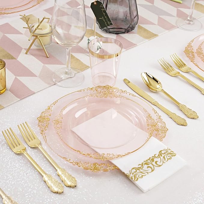 Hioasis 175pcs Pink and Gold Plates - Pink Party Plates for 25 Guest, Include 50 Heavy-duty Plates(20% Thicker Than Standard), 75 Cutlery Set, 25 Napkin, 25 Cups
