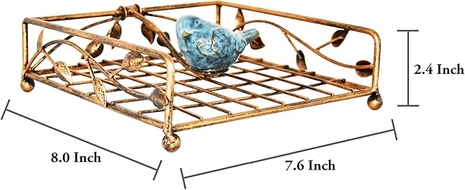 OwlGift Collection Set of 2 Bronze Coated Metal Flat Napkin Holder Dispensing Stand w/Ceramic Bird, Kitchen and Countertop Flat Napkin Storage Organizer