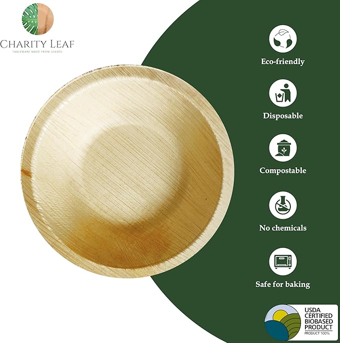 Charity Leaf Disposable Palm Leaf 4" Round Bowl (1000 pcs) Dipping Bowls | Bamboo Like| All Natural and Biodegradable | Charcuterie Boards, BBQs, and Parties
