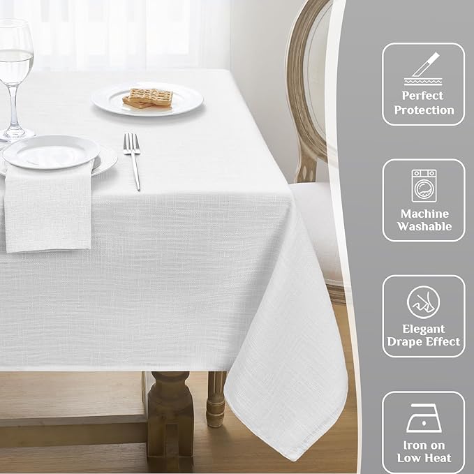 Softalker Linen Textured Rectangle Tablecloth, Waterproof Wipeable Farmhouse Burlap Table Cloth, Stain Resistant Wrinkle Free Table Covers for Kitchen Dining Holiday Party (60 x 84, White)