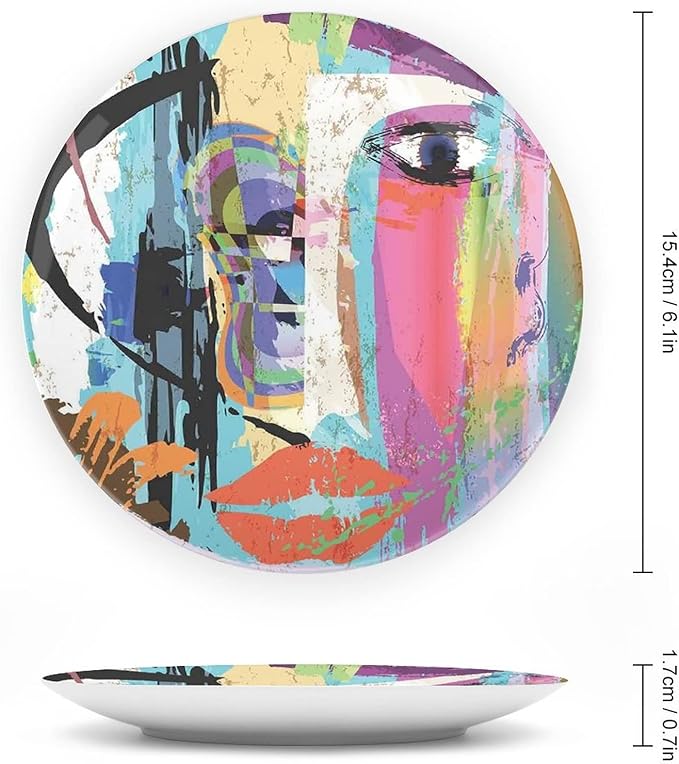 Ceramic Plates, Abstract Decorative Ceramic Plates, Woman Face Art Paint Strokes and Splashes Eye Red Lips Grungy, 6 Inch, for Dining, Parties, Wedding, Multicolor