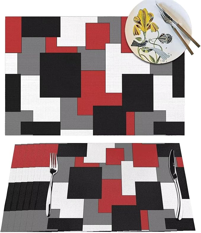 Red Black Grey White Placemats Set of 4 Abstract Modern Art Geometric Wipeable Table Mats Reusable Washable PVC Rectangle Place Mats for Kitchen Dining Home Decor 12x18 Inches