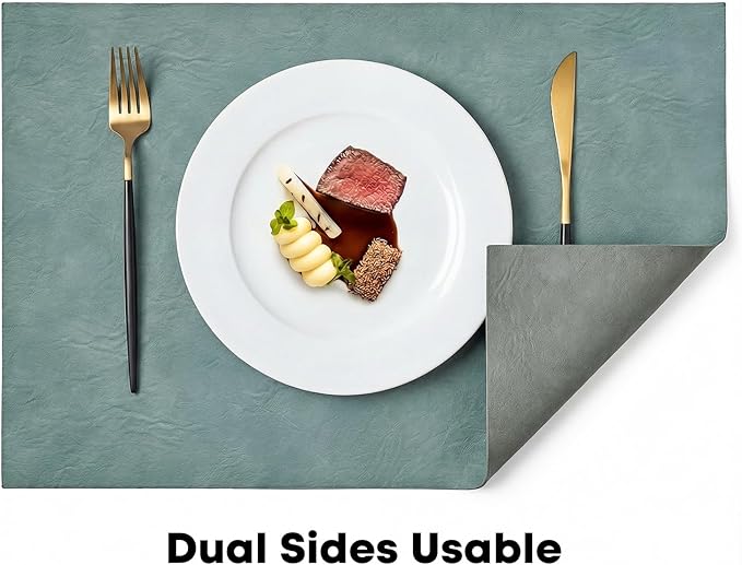 Artoid Mode Blue Faux Leather Placemats Set of 4, 12x18 Inch Waterproof Wipeable Heat Resistant Vinyl Place Mats, Reversible Table Mats for Winter Kitchen Dining Decor
