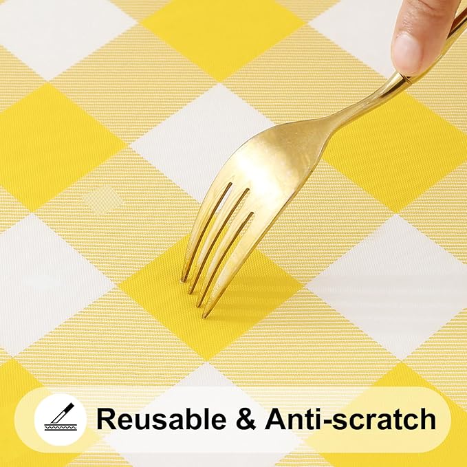 Smiry Rectangle Picnic Table Cloth, Elastic Waterproof Fitted Vinyl Tablecloths, Flannel Backed Buffalo Plaid Table Covers for Dining, Camping, Outdoor (White and Yellow, 36" x 96")