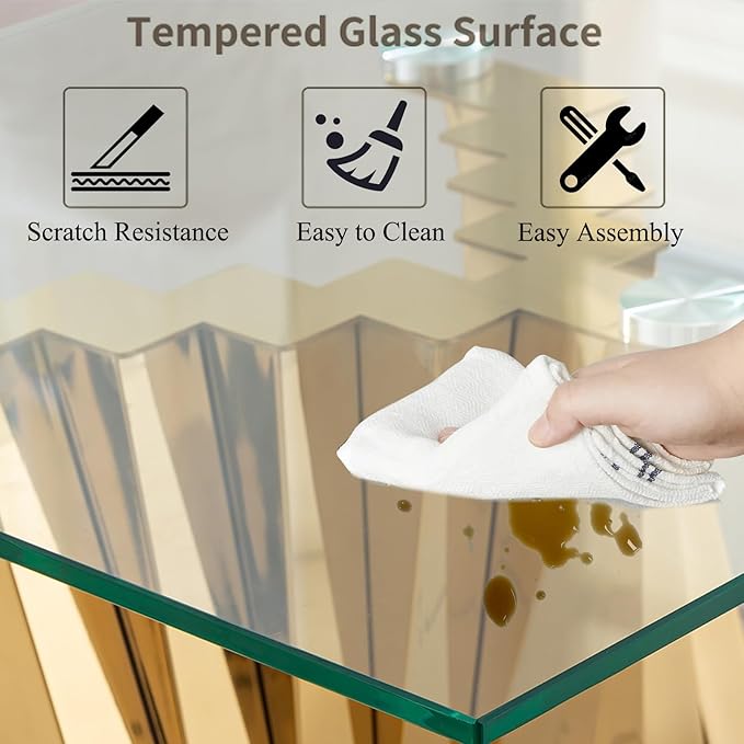 70" Glass Dining Table,Gold Dinner Room Glass Table for 6 8,Modern Kitchen Dinner Table with Stainless Steel Base and Clear Tempered Glass Top for Living Dining Room