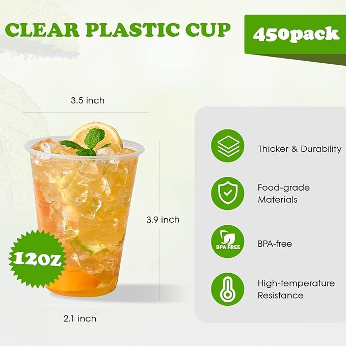 Lilymicky 450 Pack 12 oz Clear Plastic Cups, Cold Disposable Plastic Drinking Cups for Parties, Picnic, BBQ, Travel, and Events