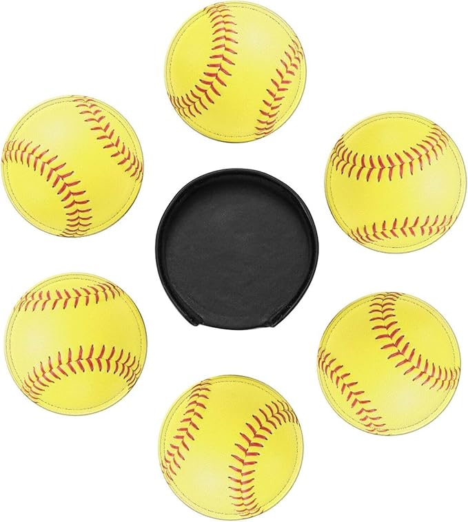 Softball Yellow Coasters for Drinks with Holder Round Leather Coasters Set of 6 Cups Mugs Mat Pad for Home Kitchen Bar