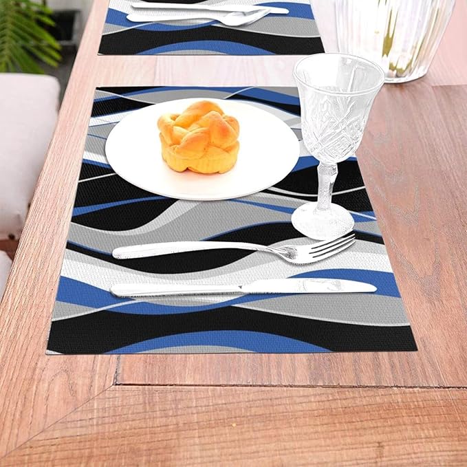 Placemats Set of 4 Black and Blue Place Mats White Grey Striped Modern Abstract Woven Table Mats Washable PVC Placemat for Dining Kitchen Decor Indoor Outdoor, 12 x 18 Inch