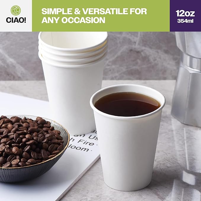CIAO! 12oz White Paper Hot Cup, Disposable, 90mm Diameter 1,000 Count