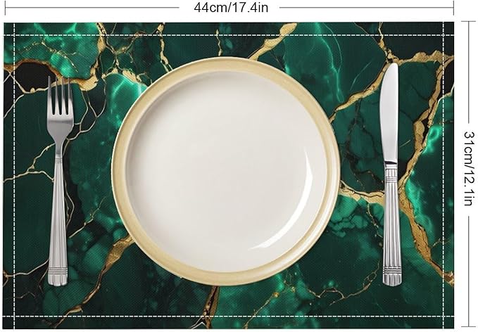 Marble Linen Placemats Set of 2, Modern Luxury Foil Texture Hunter Green White Gold Marble 12x17 Inch Washable Table Mats Non Slip Placemats for Wedding Party Kitchen Banquets Dining Decoration