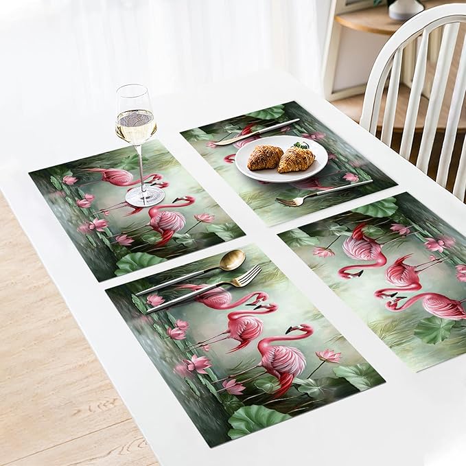 Flamingo Placemats Set of 6, Flamingo Tropical Flowers Place Mats, Wildlife Waterproof Washable Table Mats for Home Party Indoor Kitchen Dining Table Decoration 12x18 Inch