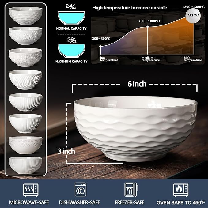 Artena Ceramic Cereal Bowls 26 oz, Embossment Soup Bowls Set of 4, White Salad Bowl for Kitchen, Dinner, Breakfast, Oatmeal, Rice, Pasta, Dishwasher Microwave Safe, 6 inch, Seawave