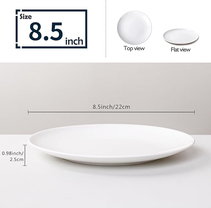 White Salad Plates Set of 6, 8.5 Inch Ceramic Plates – White Porcelain Appetizer & Dessert Plates for Kitchen, Salad, Snack & Everyday Use, Microwave & Dishwasher Safe