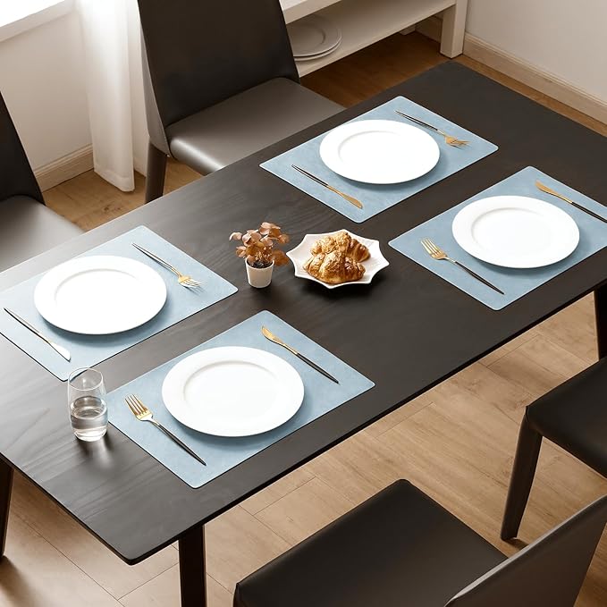 MOSAYT Vinyl Placemats Set of 6-12 X 17 Inch - Faux Leather 100% Waterproof Oil-Proof Wipeable PU Place Mats, Heat Resistant Reversible Table Mats for Kitchen, Dining, Outdoor (Light Grayish Blue)