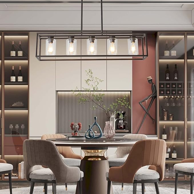 XILICON Oil Rubbed Bronze Farmhouse Chandelier Dining Room Lighting Fixture Hanging 5 Light Kitchen Island Lighting with Glass Shade for Dining Room