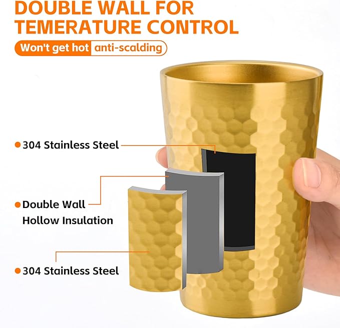 5 Pack 12 oz Stainless Steel Insulated Cup, Honeycomb Double Wall Vacuum Small Metal Cup, Reusable Camping Cups Unbreakable Indoor Outdoor for Party, Home, Office, BBQ, Gold