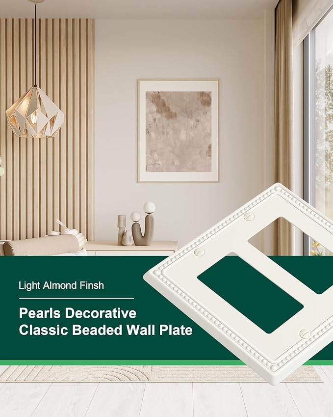 2-Pack Double Decorator Outlet Cover Plate, Light Almond Pearls Decorative Switch Plates Covers, Metal Wall Plates for Electrical Outlets, Receptacle, GFCI Outlet, Dimmer Switch