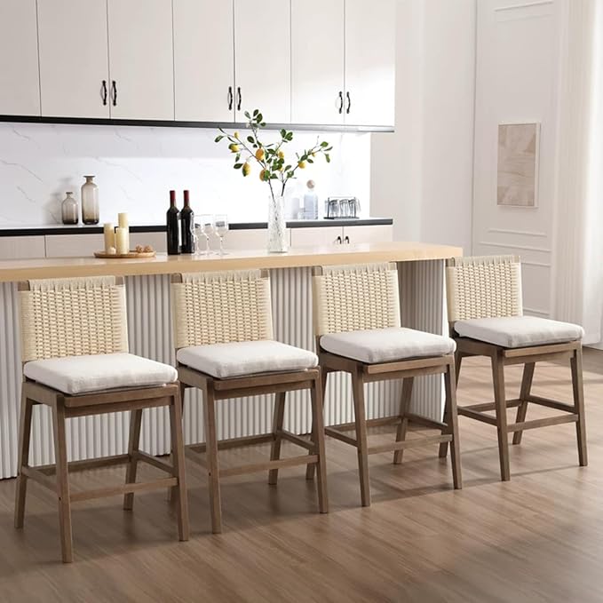 Counter Height Bar Stools Set of 2, 27” Linen Fabric Upholstered Counter Stools with Back, Modern Woven Barstools Mid Century Farmhouse Wooden Bar Chairs for Kitchen Island Dining Room, Beige
