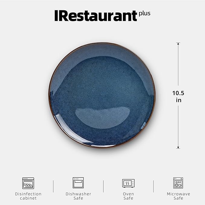 Organic Shape Highland Ceramic Dinner Plates, 12pcs 10.5 Inch Handmade Reactive Glaze Stoneware Plates with Wavy Edge, for Kitchen, Microwave & Dishwasher Safe, Scratch Resistant-Blue