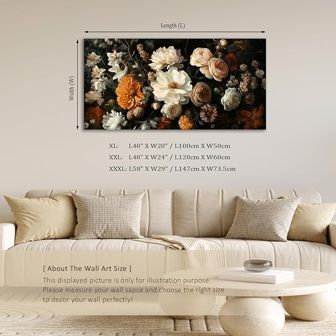 ADJUVANT Wall Art Vintage Floral Bouquet 40" L x 20" W, Flowers Peonies And Roses Canvas Painting Botanic Artwork Blossoms Prints Floral Wall Decor for Living Room Bedroom Dining Room Home Office