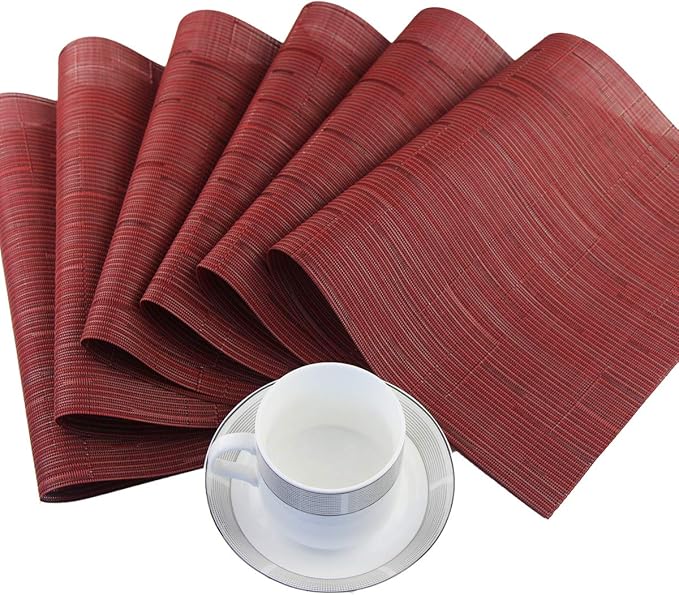 Plastic Placemats,Non Slip Washable Placemats for Dining Table Wipe Clean Table Mats Set of 6 (Burgundy Red)