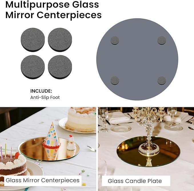 12" Gold Mirror Centerpieces for Table, 12Pcs Glass Round Mirror Table Centerpieces，Color Glass Trays with Feet for Wedding Decorations,Parties,Baby Shower, 2mm Thick