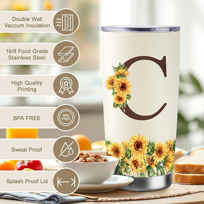 Sunflower Gifts for Women - Personalized Christmas Gifts for Women - Birthday Gift for Woman - Mothers Day Gift for Mom - Monogrammed, Initial 20oz Travel Cup Insulated Tumbler with Lid, C
