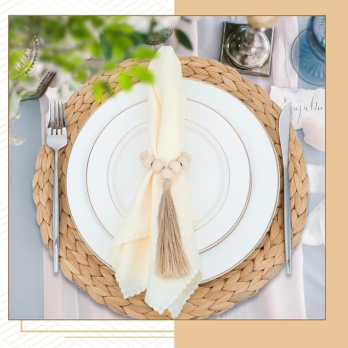 Gejoy 36 Pcs Boho Woven Placemats Wood Bead Napkin Rings with Dinner Napkins Cloth 13.8 Inch Round Water Hyacinth Placemat Farmhouse Rustic Table Chargers Wooden Dinner Ring for Wedding Thanksgiving