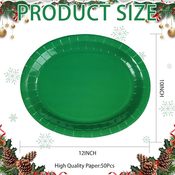 50 PCS Green Oval Paper Plates 10" x 12" Large St. Patrick's Day Plates Disposable Heavy Duty Green St. Patricks Day Paper Plates for Irish Holiday St. Patrick's Day Party Decorations Supplies