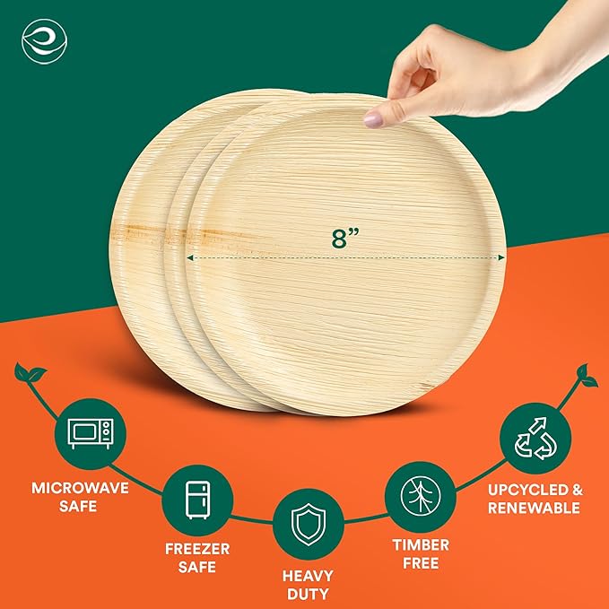 ECO SOUL Palm Leaf Plates 8"(50 Count) Round Compostable Bamboo Plates Heavy- Duty, Biodegradable Eco-Friendly Dinnerware for Christmas Party Dinner, Wedding, Holiday & Event