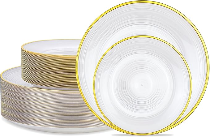 Morejoy 100Pcs Pearl White Plastic Plates,White Disposable Plates With Gold Rim,Heavy-duty Gold Plates, Modern swirl design Plate Include 50Clear Dessert-Platos,50Dinner-Platos for Party&Christmas