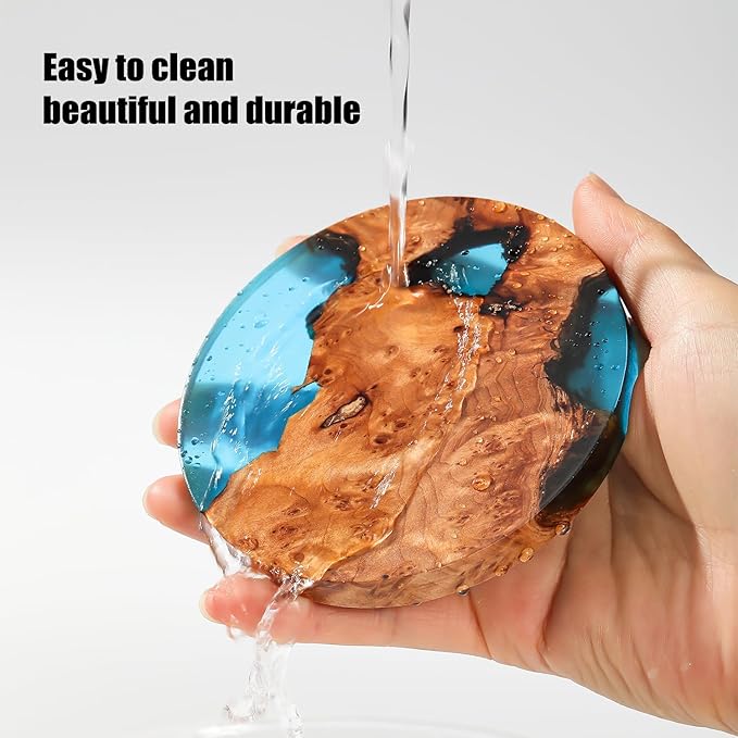 Wooden Beverage Coaster Set of 6 with Holder - Handmade Resin Wood Coasters, Drink Coaster Set for Coffee Tables, Home Bar Decorations, Round Blue Wood Coaster Set