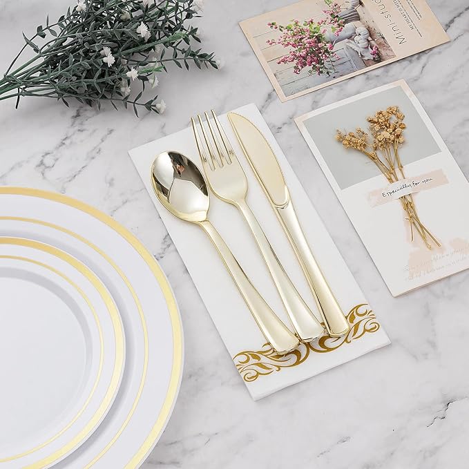 BESTVIP 700 PCS Gold Dinnerware Set for 100 Guests, Plastic Dinnerware Set for Party, Christmas, Include: 200 Plastic Plates, 100 Gold Silverware, 100 Cups, 100 Paper Napkins