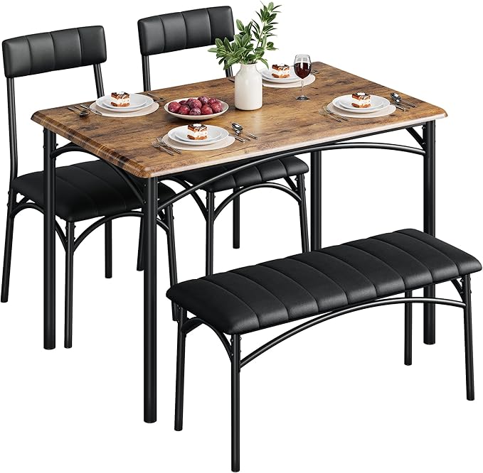 4-Piece Small Dining Table Set – Wood Table with 2 Upholstered Chairs & Bench, Space-Saving Retro Kitchen Dining Set for Small Apartment/Dining Room, Brown