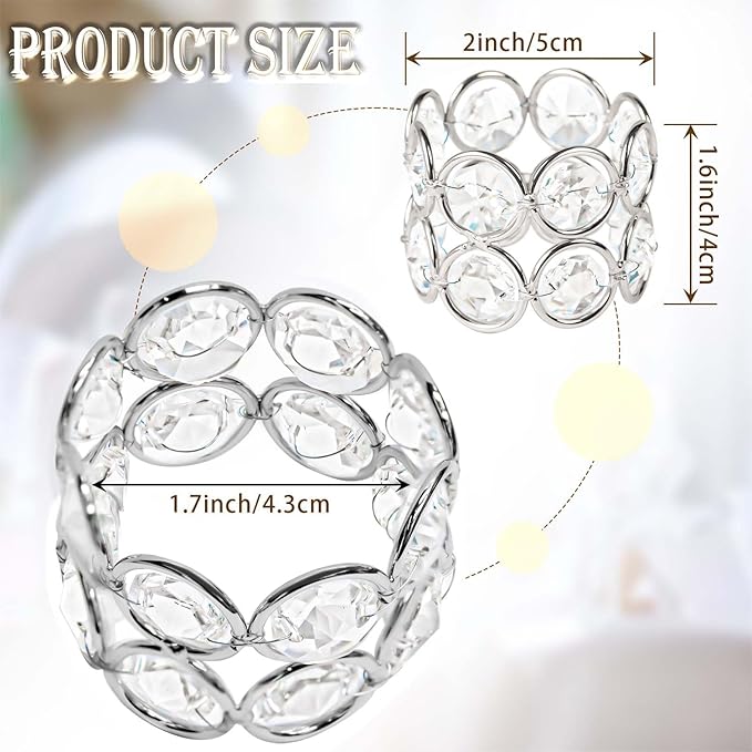 Crystal Metal Napkin Rings Set, Elegant Wedding/Party Table Decor, Shiny Holiday Dinner Accessories Bulk, Bridal Shower Gift, Anniversary, Christmas, Home Decor Essentials (Silver, 6-Pcs)