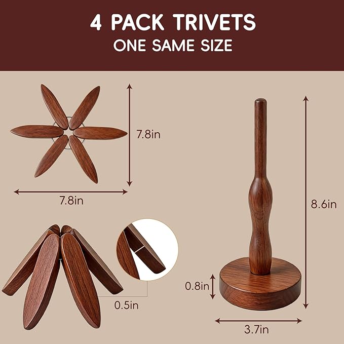 Wooden Trivets for Hot Dishes, Wooden Tree Trivet Set, Natural Tree Trivet Set - Foldable Coasters for Kitchen Counter, Hot Pots and Pans, Heat Resistant Table Protectors